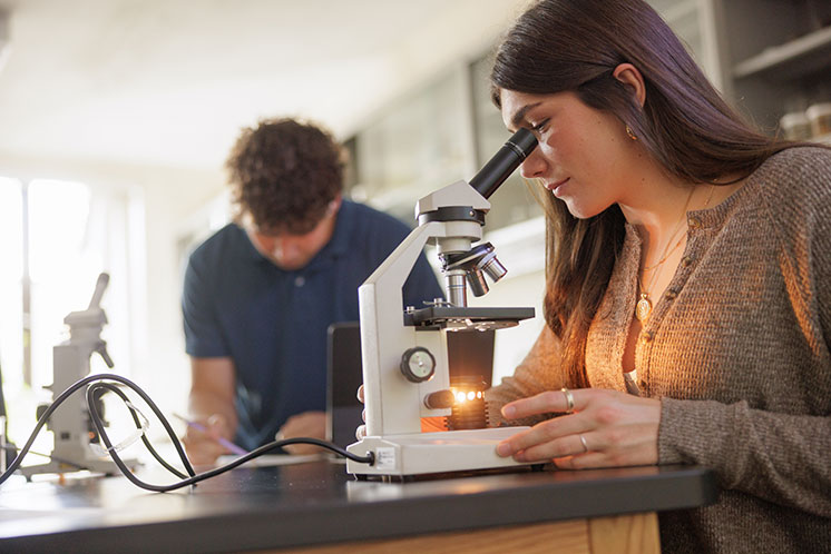 A student looks through a microscope. Links to What to Give